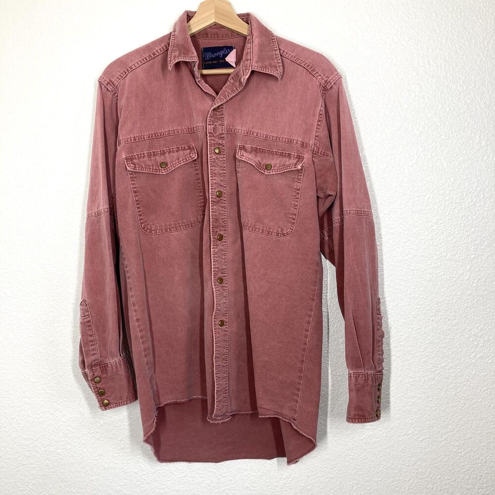 Wrangler Shirt Mens 15.5-35 Medium Pink red Denim Western Snap Long Sleeve